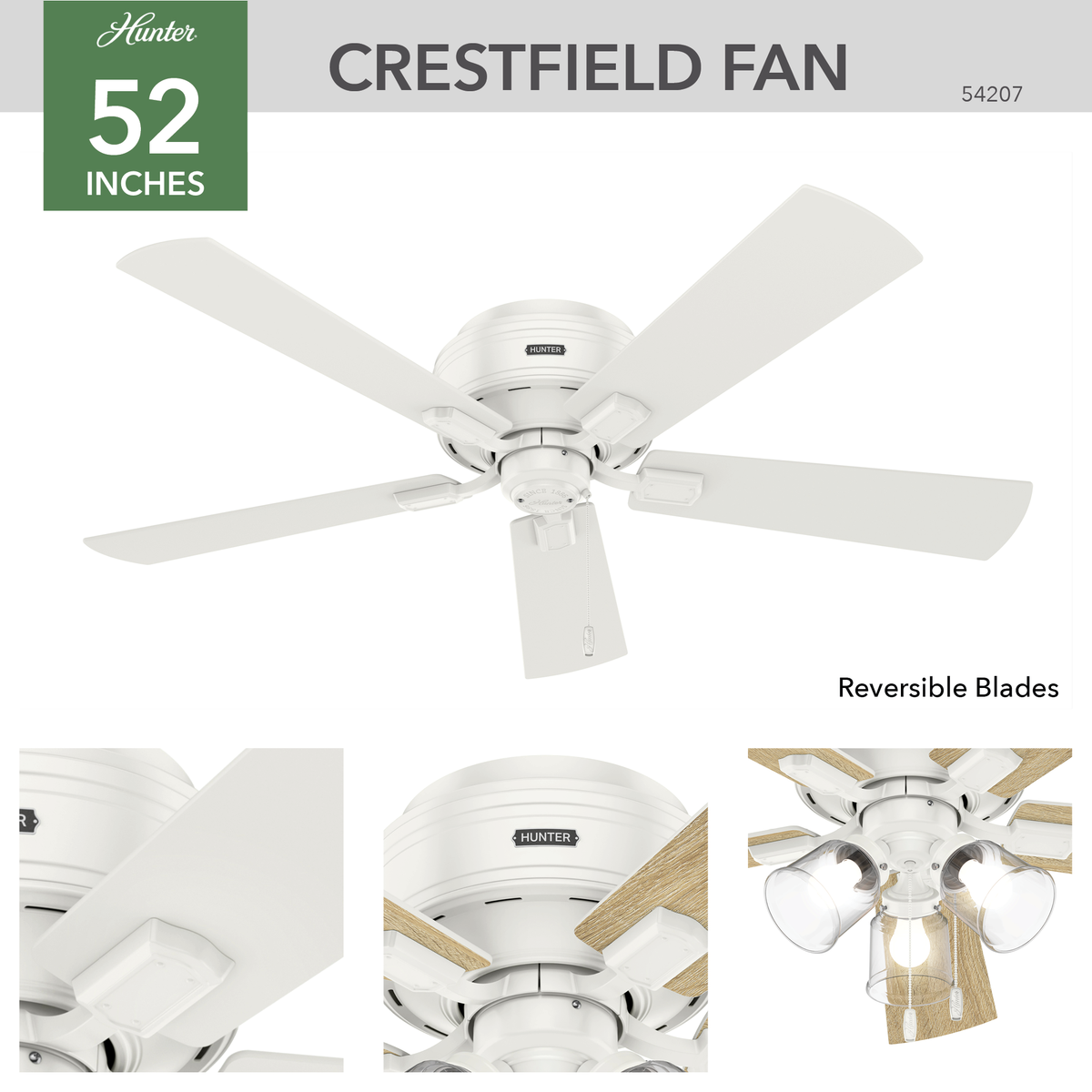 52 inch Crestfield Fresh White Low Profile Ceiling Fan with LED Light Kit and Pull Chain