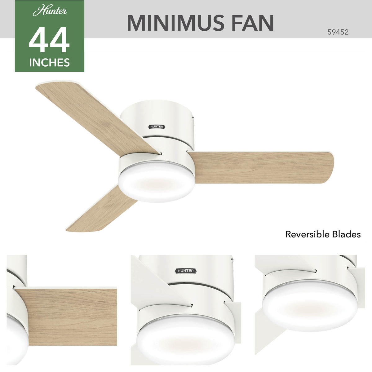 44 inch Minimus Fresh White Low Profile Ceiling Fan with LED Light Kit and Handheld Remote
