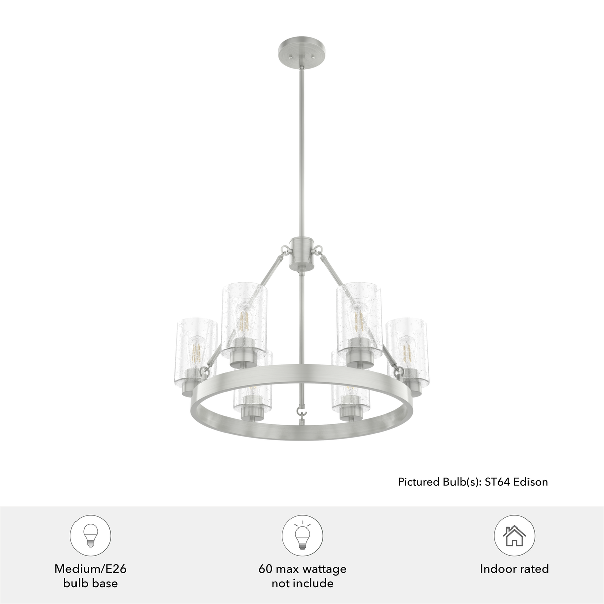 Hartland 24-inch 6-light Brushed Nickel Chandelier with Seeded Glass