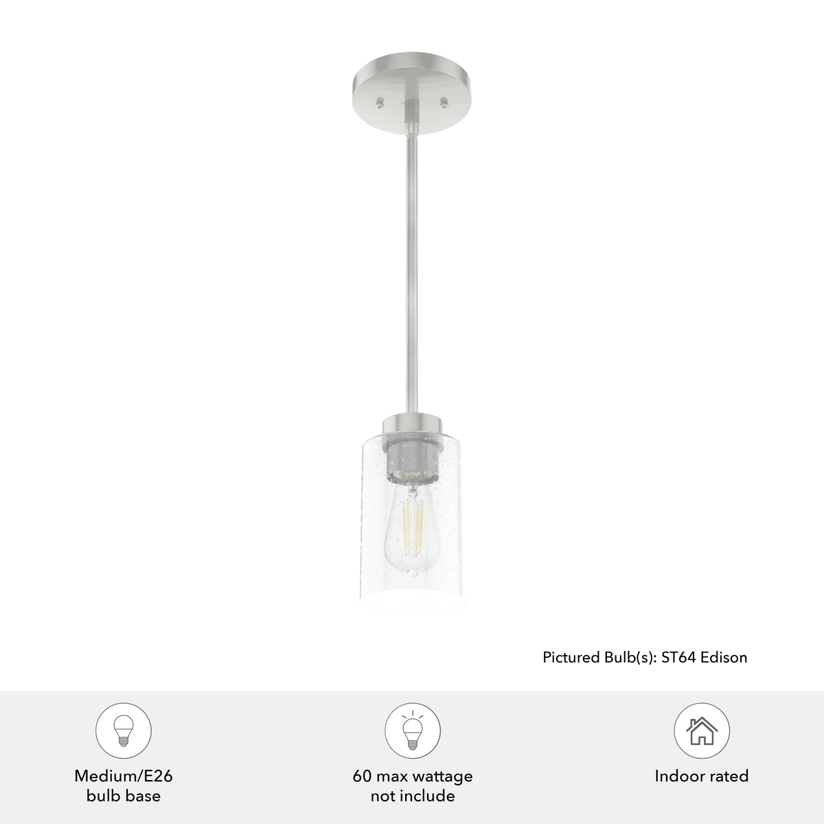 Hartland 4-inch 1-light Brushed Nickel Pendant with Seeded Glass