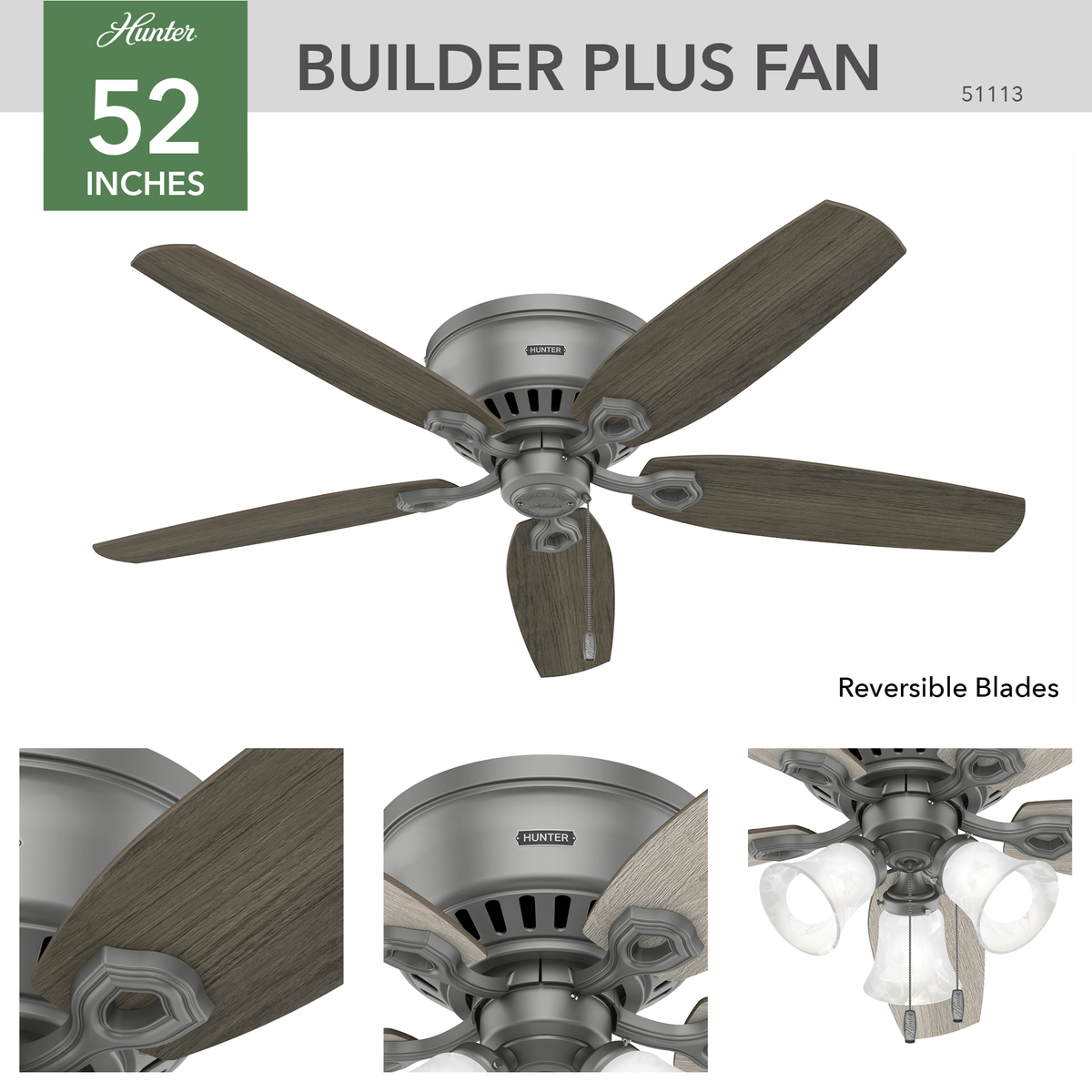 52 inch Builder Matte Silver Low Profile Ceiling Fan with LED Light Kit and Pull Chain