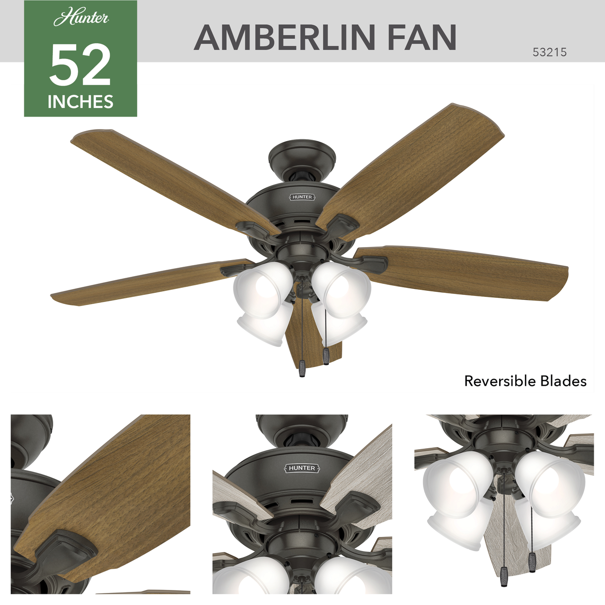 52 inch Amberlin Noble Bronze Ceiling Fan with LED Light Kit and Pull Chain
