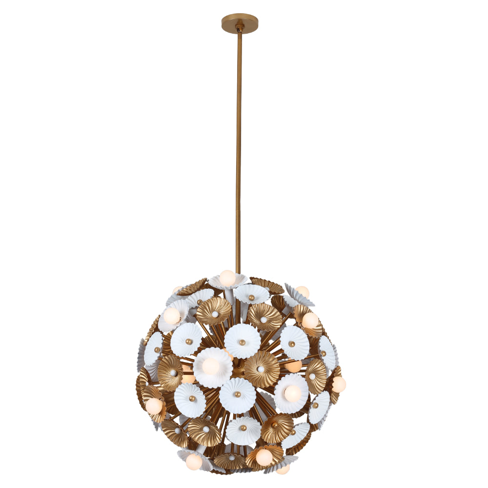 29'' Damask 6 Light White w/ Vintage Brass Pendant