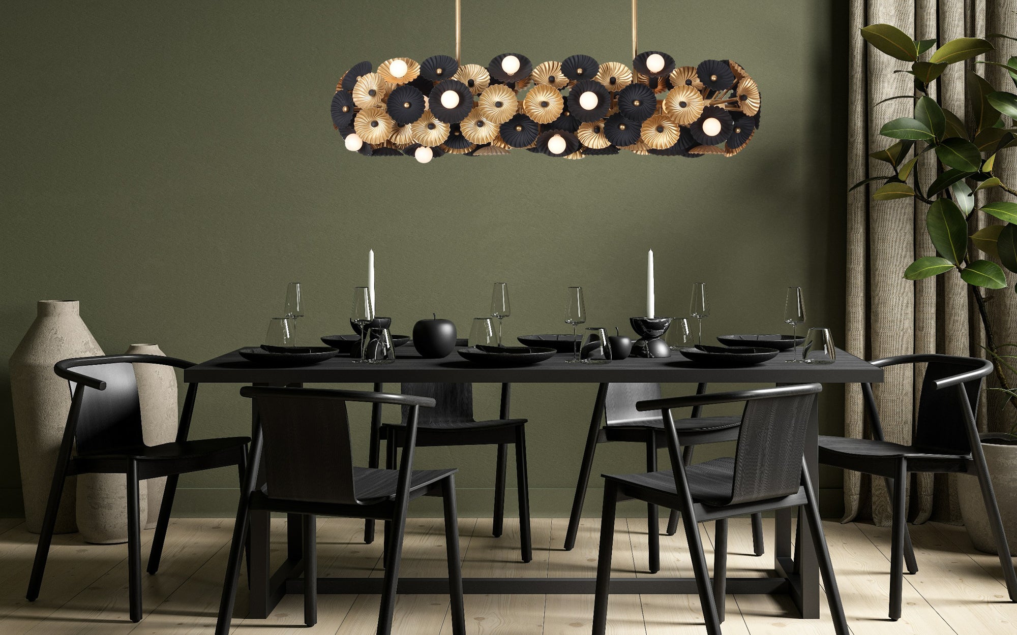 10'' Damask 6 Light Matte Black w/ Vintage Brass Linear Pendant