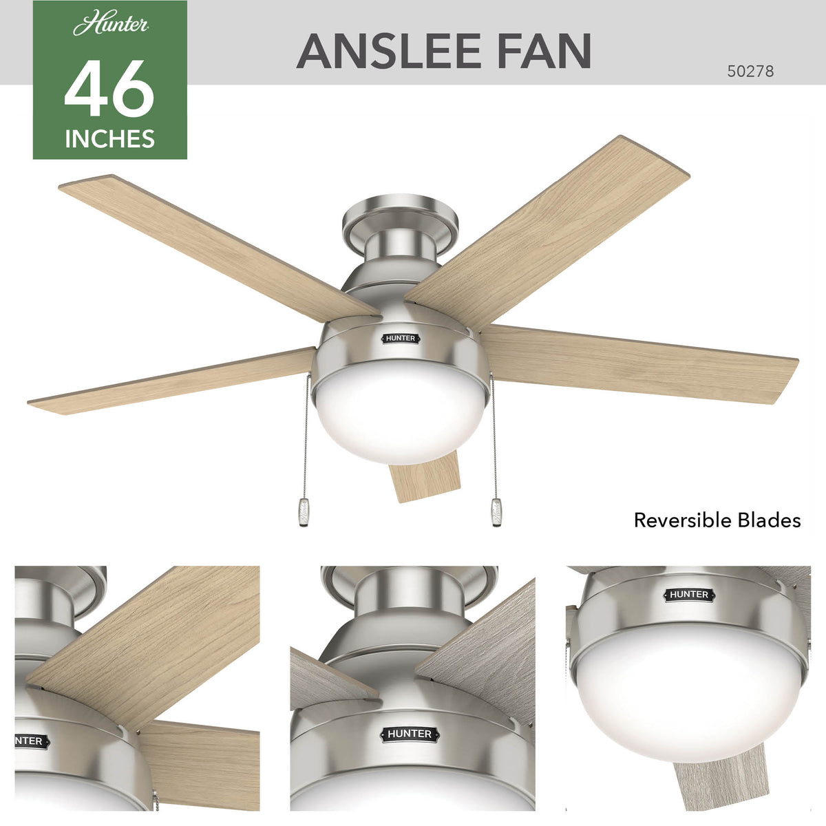 46 inch Anslee Brushed Nickel Low Profile Ceiling Fan with LED Light Kit and Pull Chain