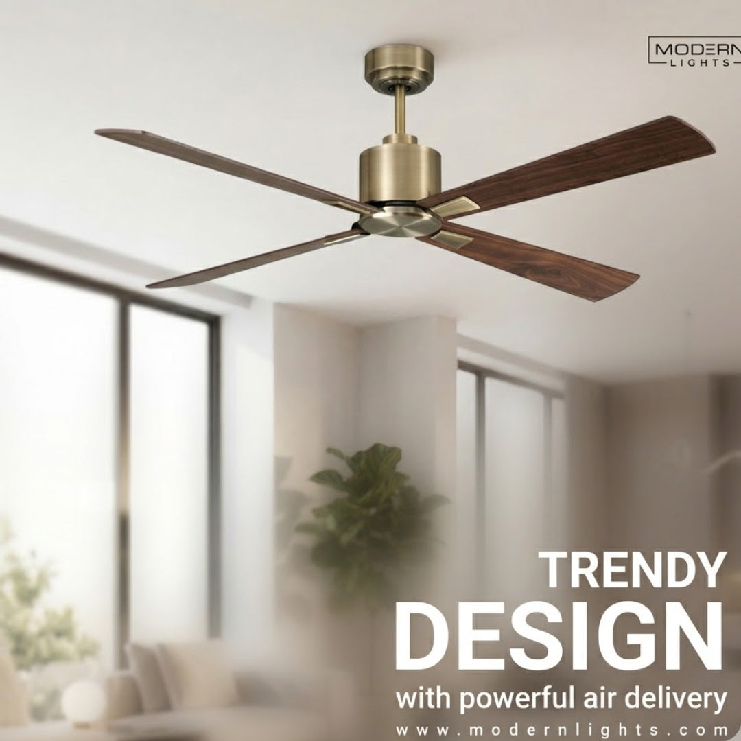 52 Inch DC Brass Fan in Antique Brass with Walnut Blades