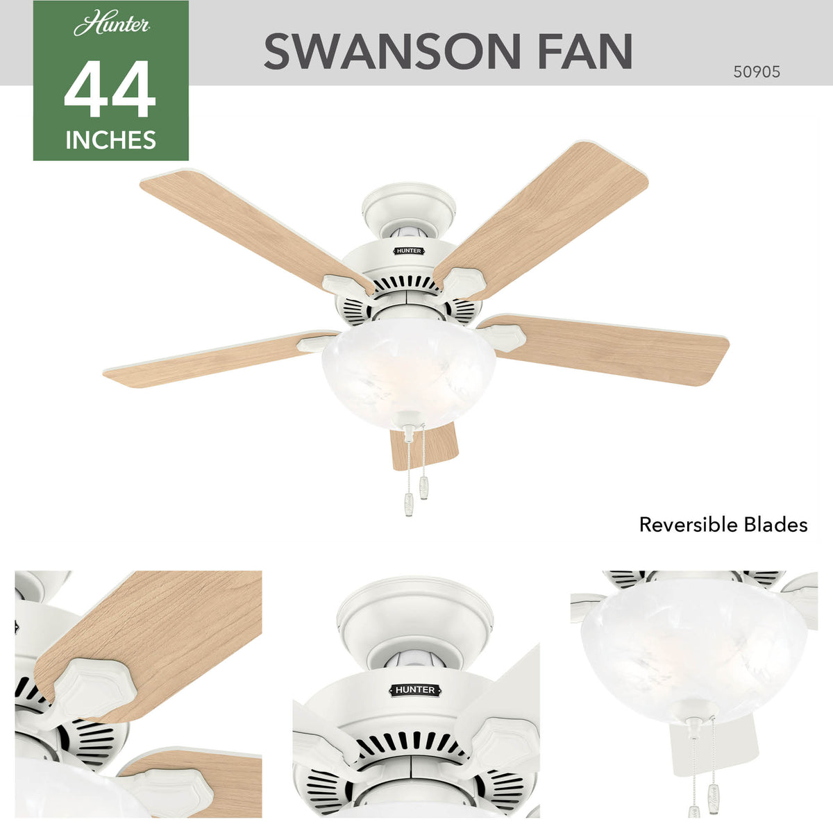 44 inch Swanson Fresh White Ceiling Fan with LED Light Kit and Pull Chain