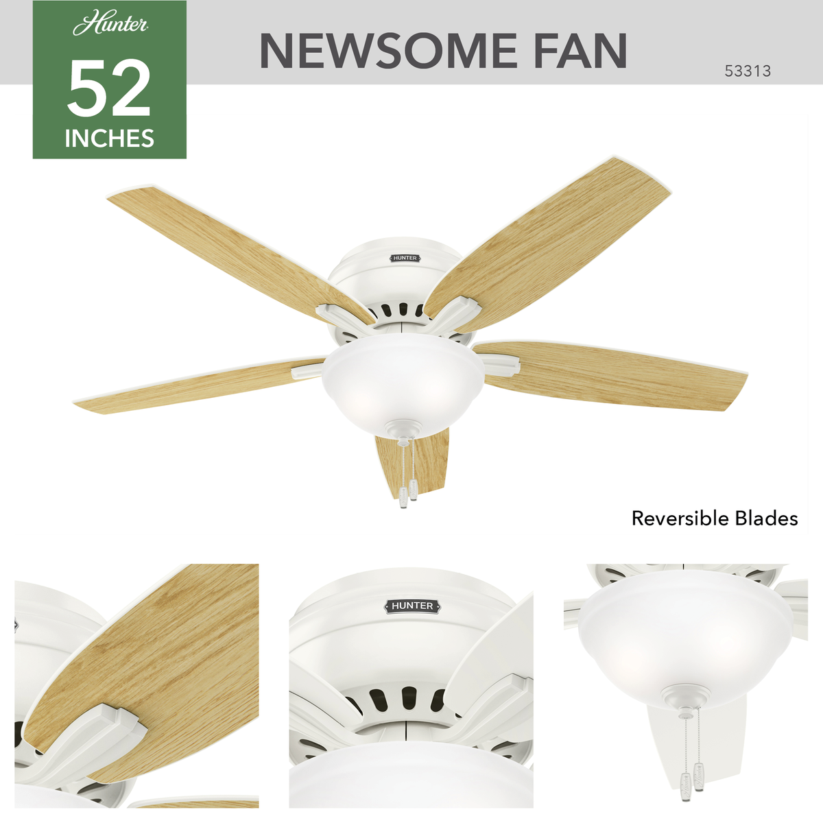 52 inch Newsome Fresh White Low Profile Ceiling Fan with LED Light Kit and Pull Chain