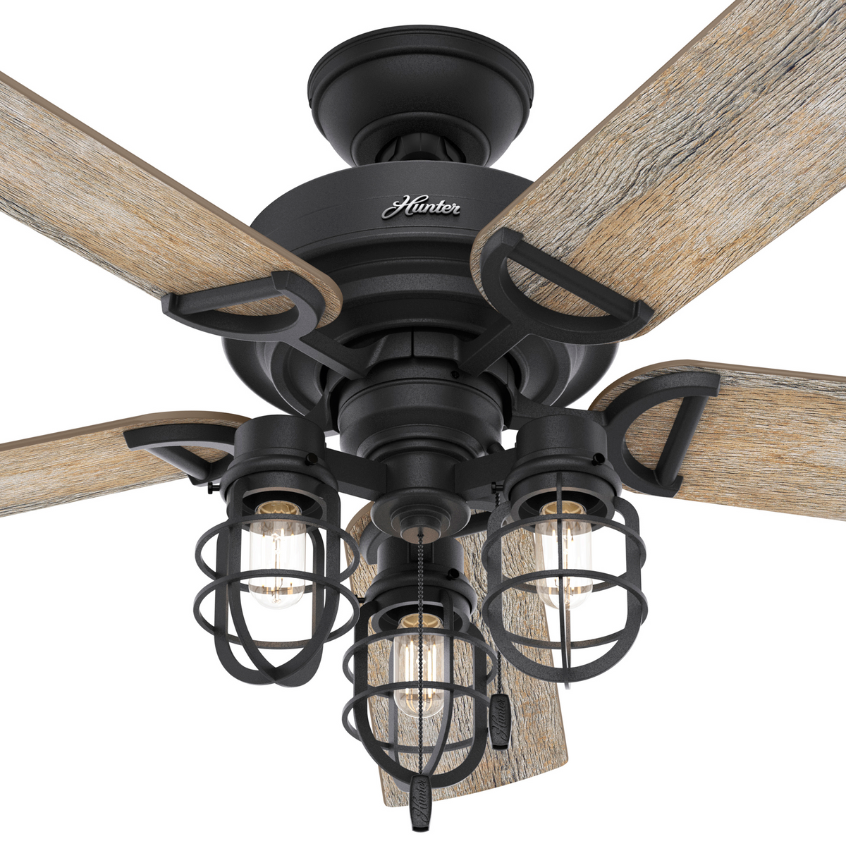 52 inch Starklake Natural Black Iron Damp Rated Ceiling Fan with LED Light Kit and Pull Chain
