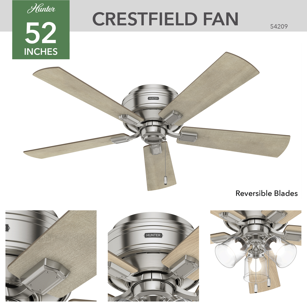 52 inch Crestfield Brushed Nickel Low Profile Ceiling Fan with LED Light Kit and Pull Chain
