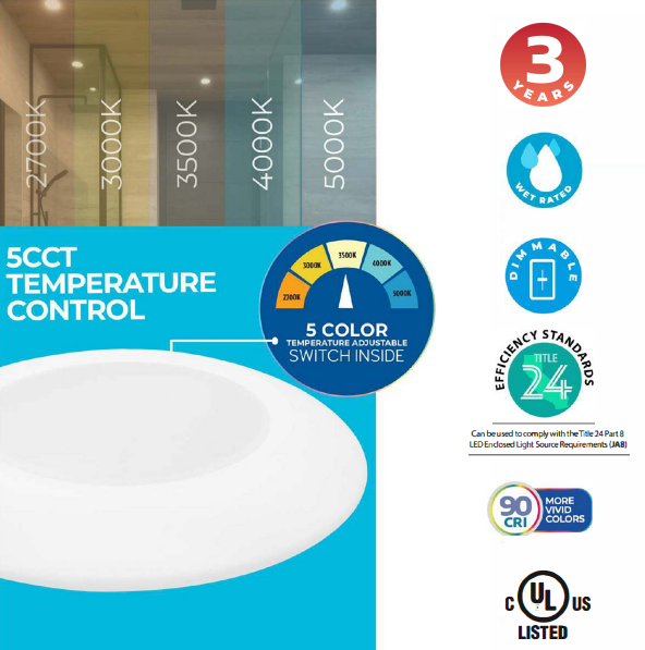 7-inch White 14W Dimmable LED Disc Downlight, 5 CCT - 27/30/35/40/50K, 1100 Lumens, 12-Pack