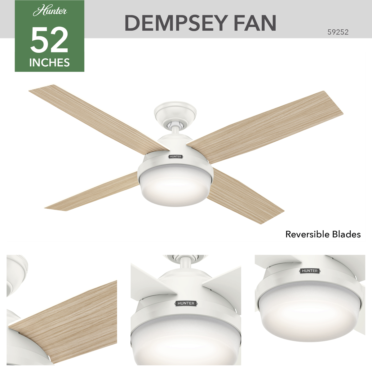 52 inch Dempsey Fresh White Damp Rated Ceiling Fan with LED Light Kit and Handheld Remote