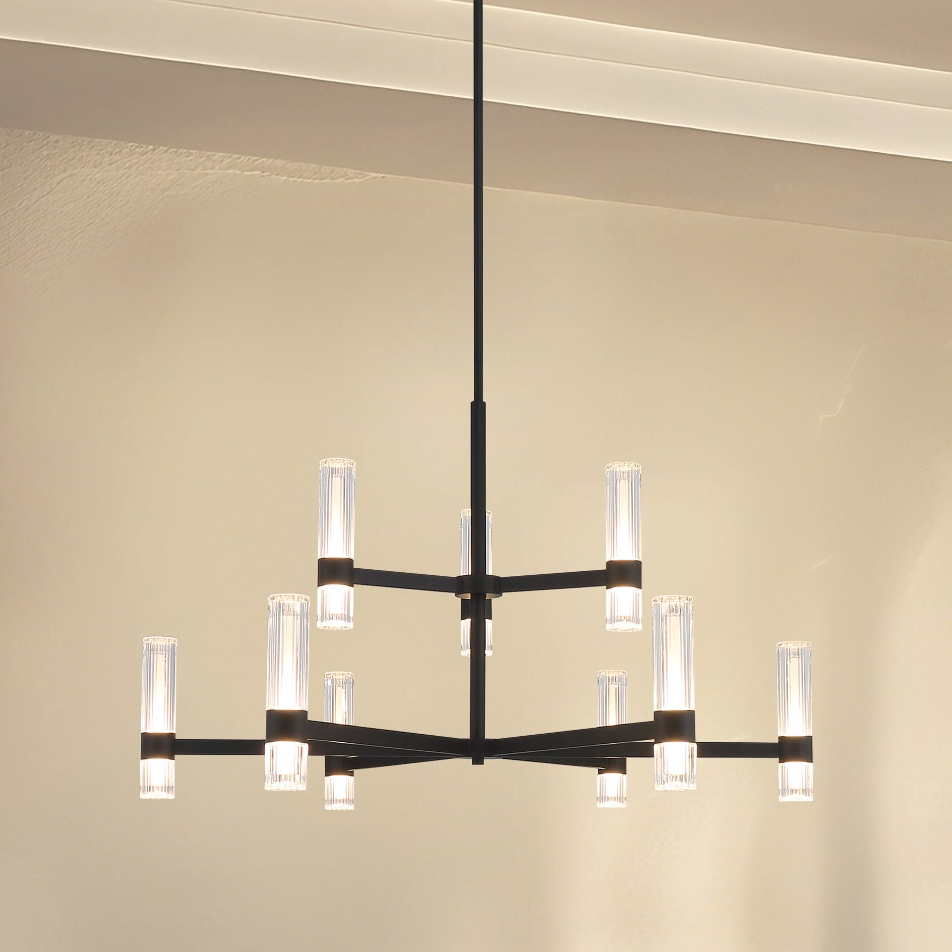 Ristretto 42-inch 18-light Matte Black LED Chandelier with Clear Ribbed and White Acrylic Shades