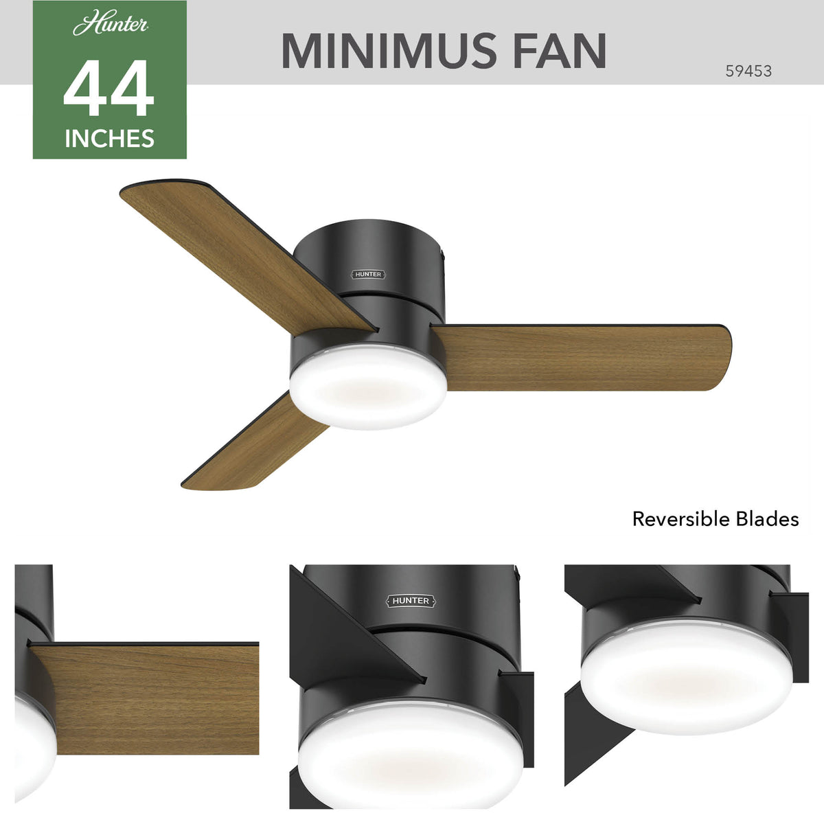 44 inch Minimus Matte Black Low Profile Ceiling Fan with LED Light Kit and Handheld Remote