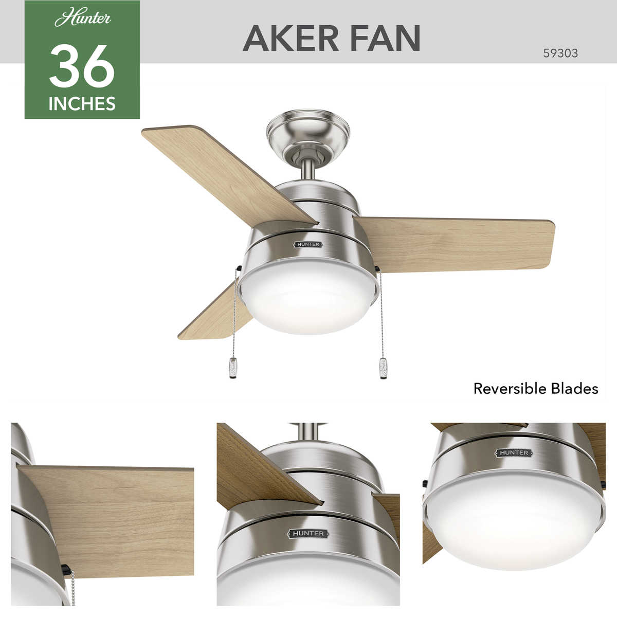 36 inch Aker Brushed Nickel Ceiling Fan with LED Light Kit and Pull Chain