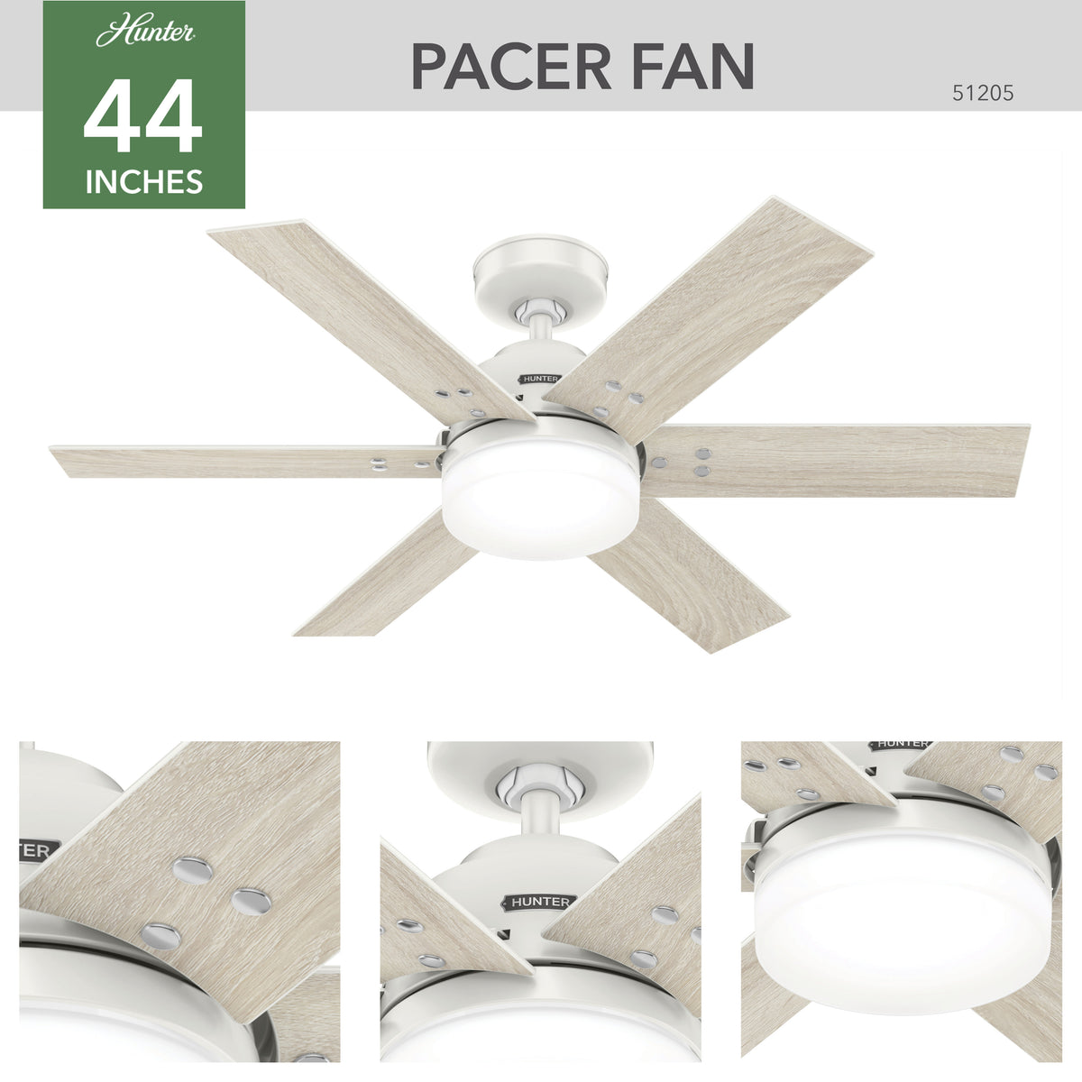 44 inch Pacer Fresh White Ceiling Fan with LED Light Kit and Handheld Remote