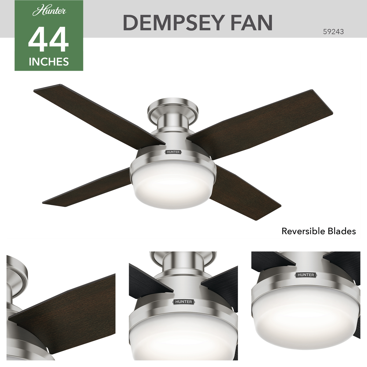44 inch Dempsey Brushed Nickel Low Profile Ceiling Fan with LED Light Kit and Handheld Remote