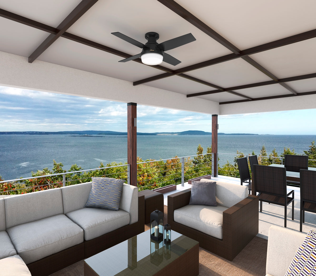44 inch Dempsey Matte Black Low Profile Damp Rated Ceiling Fan with LED Light Kit and Handheld Remote