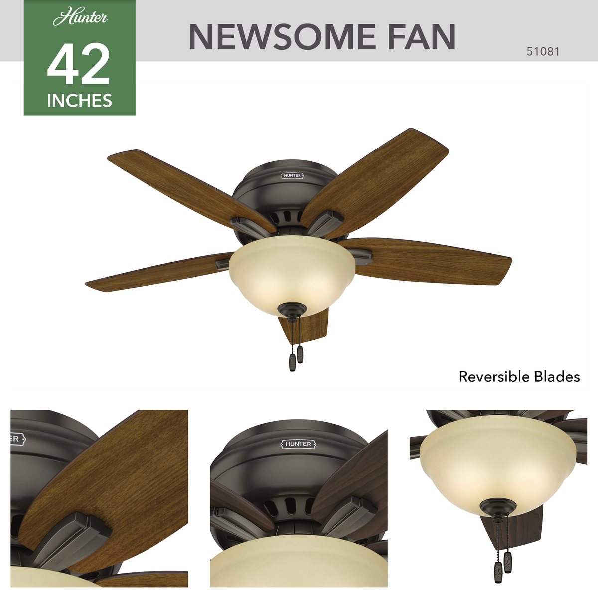 42 inch Newsome Premier Bronze Low Profile Ceiling Fan with LED Light Kit and Pull Chain