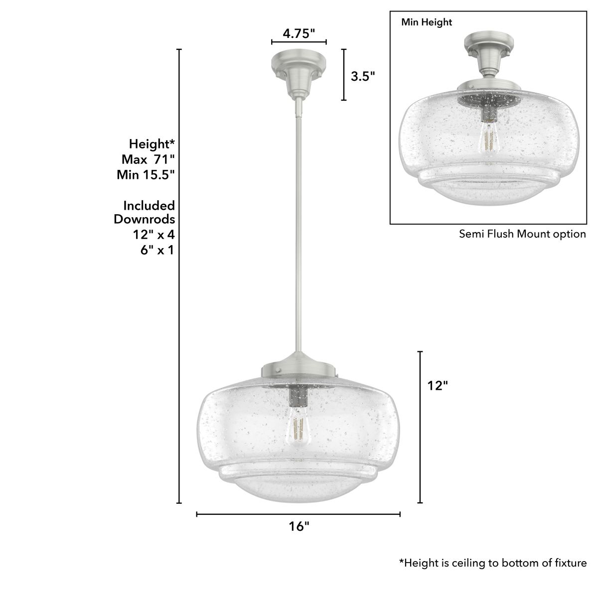 Saddle Creek 16-inch 1-light Brushed Nickel Schoolhouse Pendant with Seeded Glass
