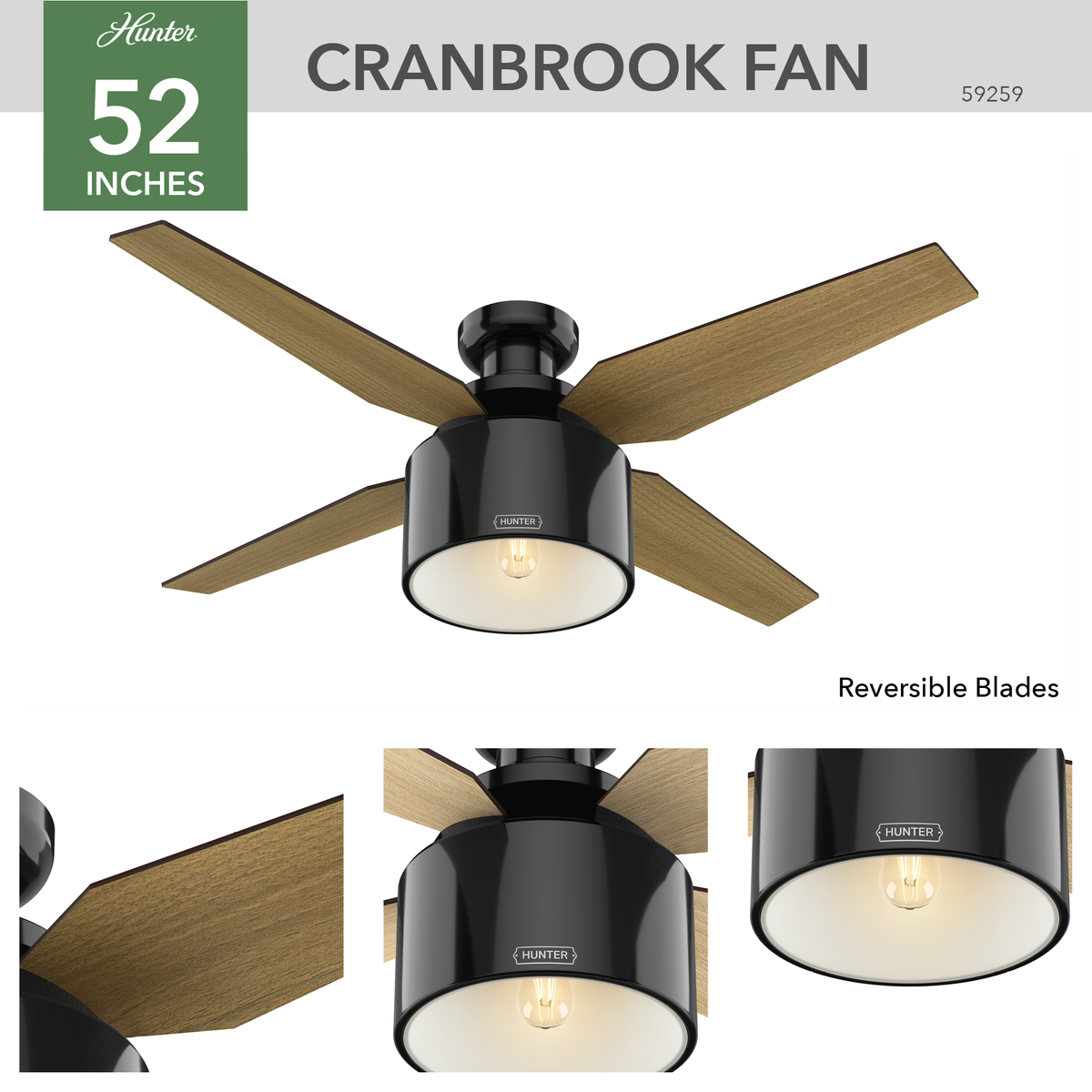 52 inch Cranbrook Gloss Black Low Profile Ceiling Fan with LED Light Kit and Handheld Remote