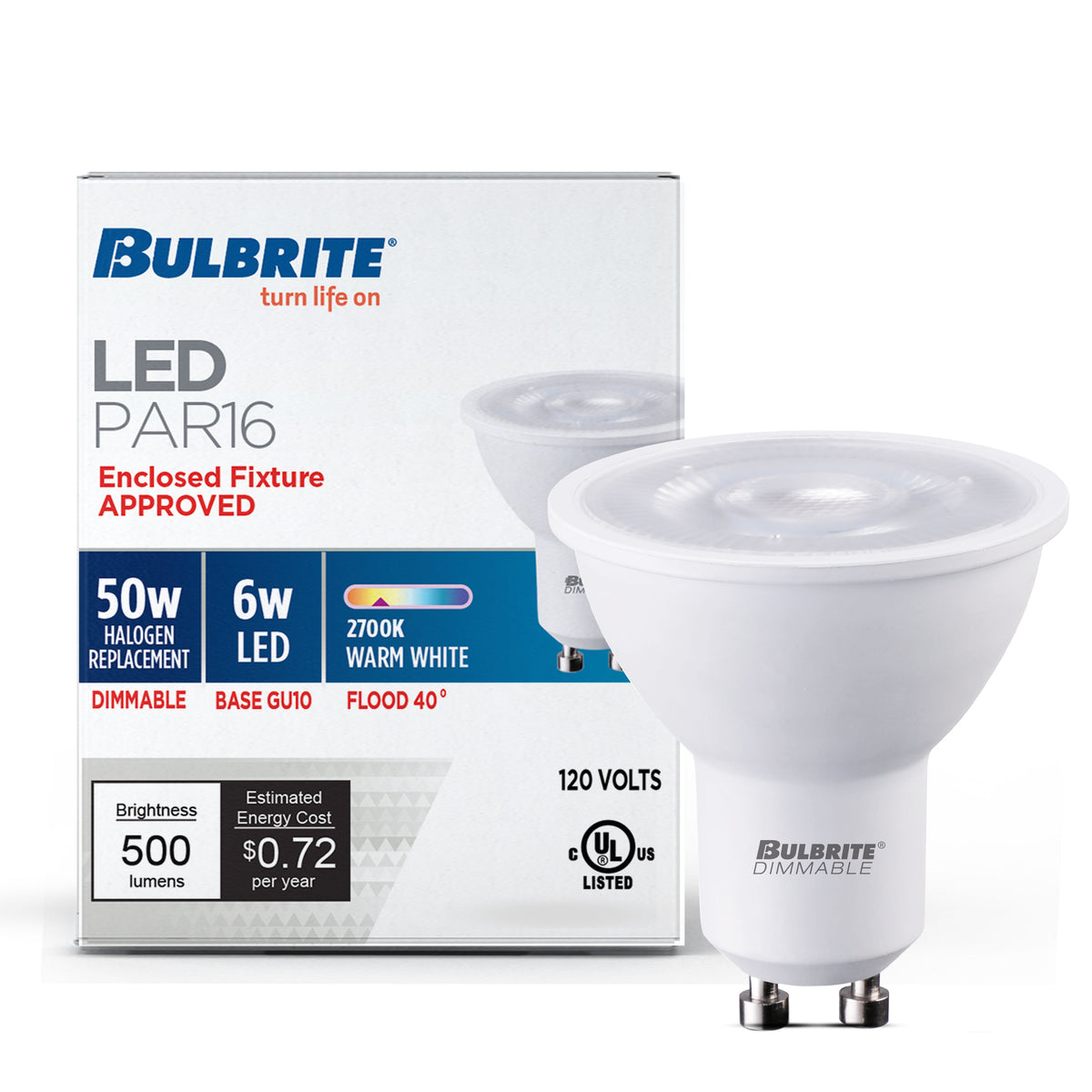 PAR16 Dimmable White Filament LED Light Bulb with GU10 Base, 2700K, 500 Lumens, 2-Pack