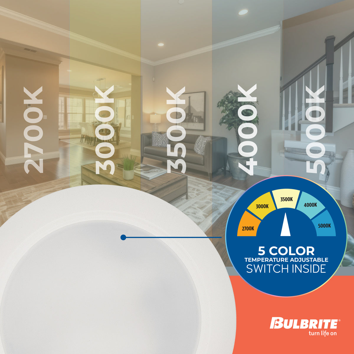10-inch White 25W Dimmable LED Disc Downlight, 5 CCT - 27/30/35/40/50K, 2000 Lumens