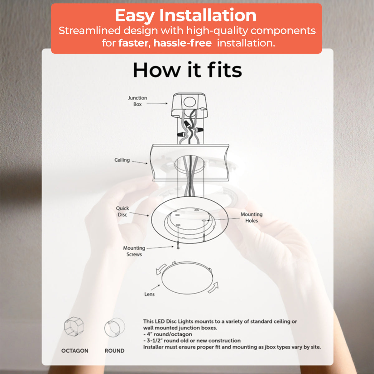 10-inch White 25W Dimmable LED Disc Downlight, 5 CCT - 27/30/35/40/50K, 2000 Lumens