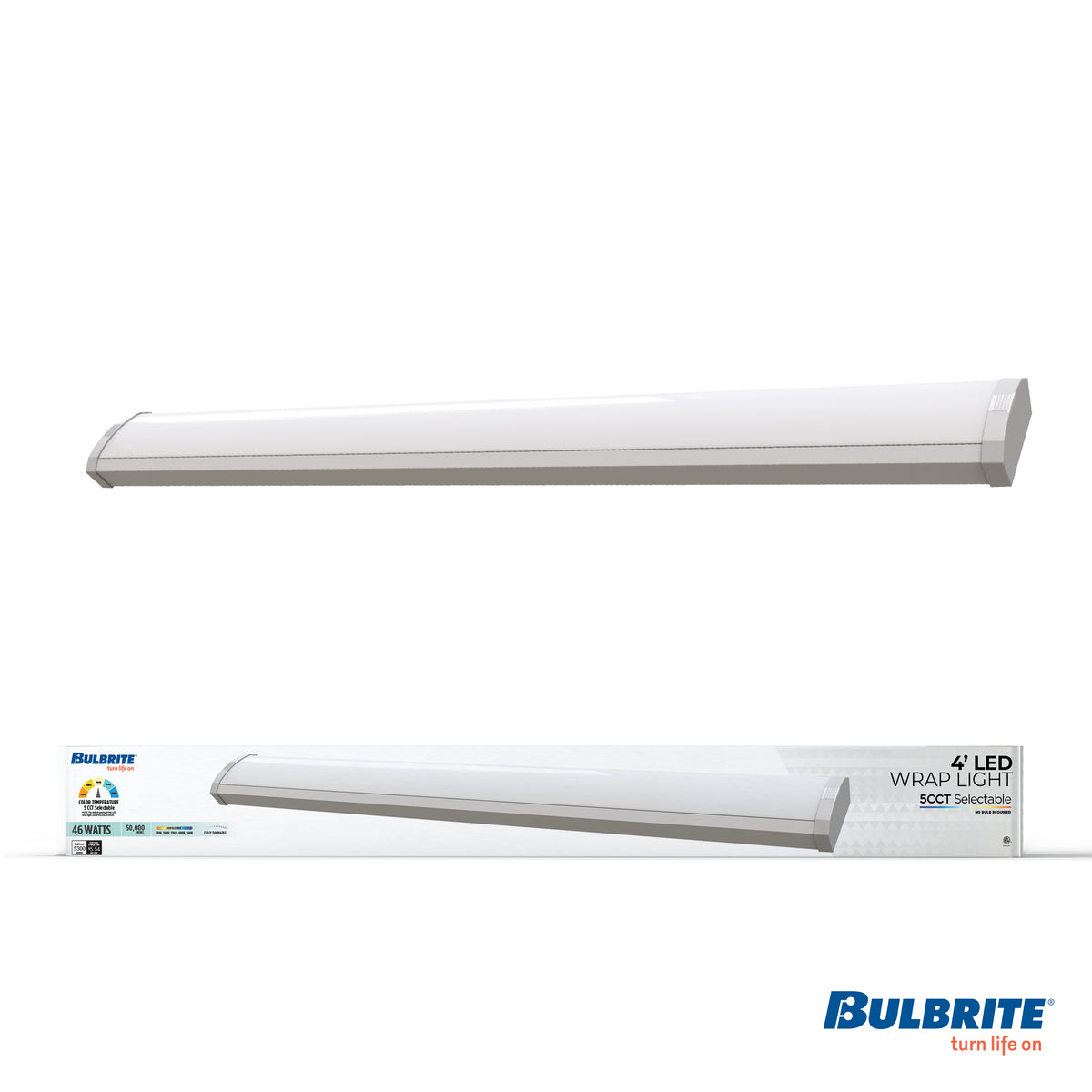 4-foot White 46W Dimmable LED Wraparound Utility Light, 5 CCT - 27/30/35/40/50K, 5300 Lumens, Battery Backup