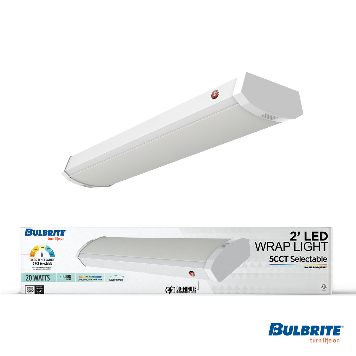 2-foot White 20W Dimmable LED Wraparound Utility Light, 5 CCT - 27/30/35/40/50K, 2300 Lumens, Battery Backup