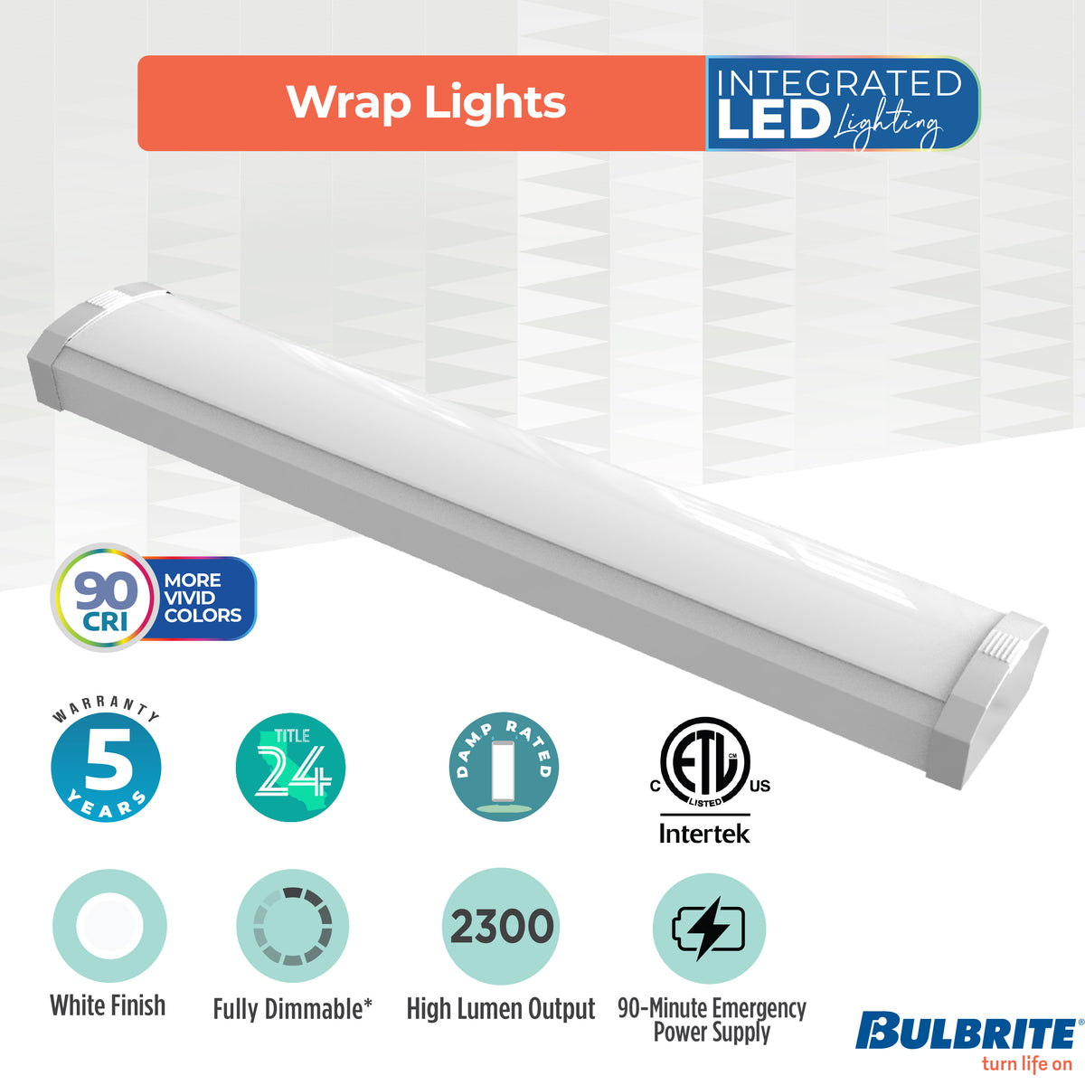 2-foot White 20W Dimmable LED Wraparound Utility Light, 5 CCT - 27/30/35/40/50K, 2300 Lumens, Battery Backup