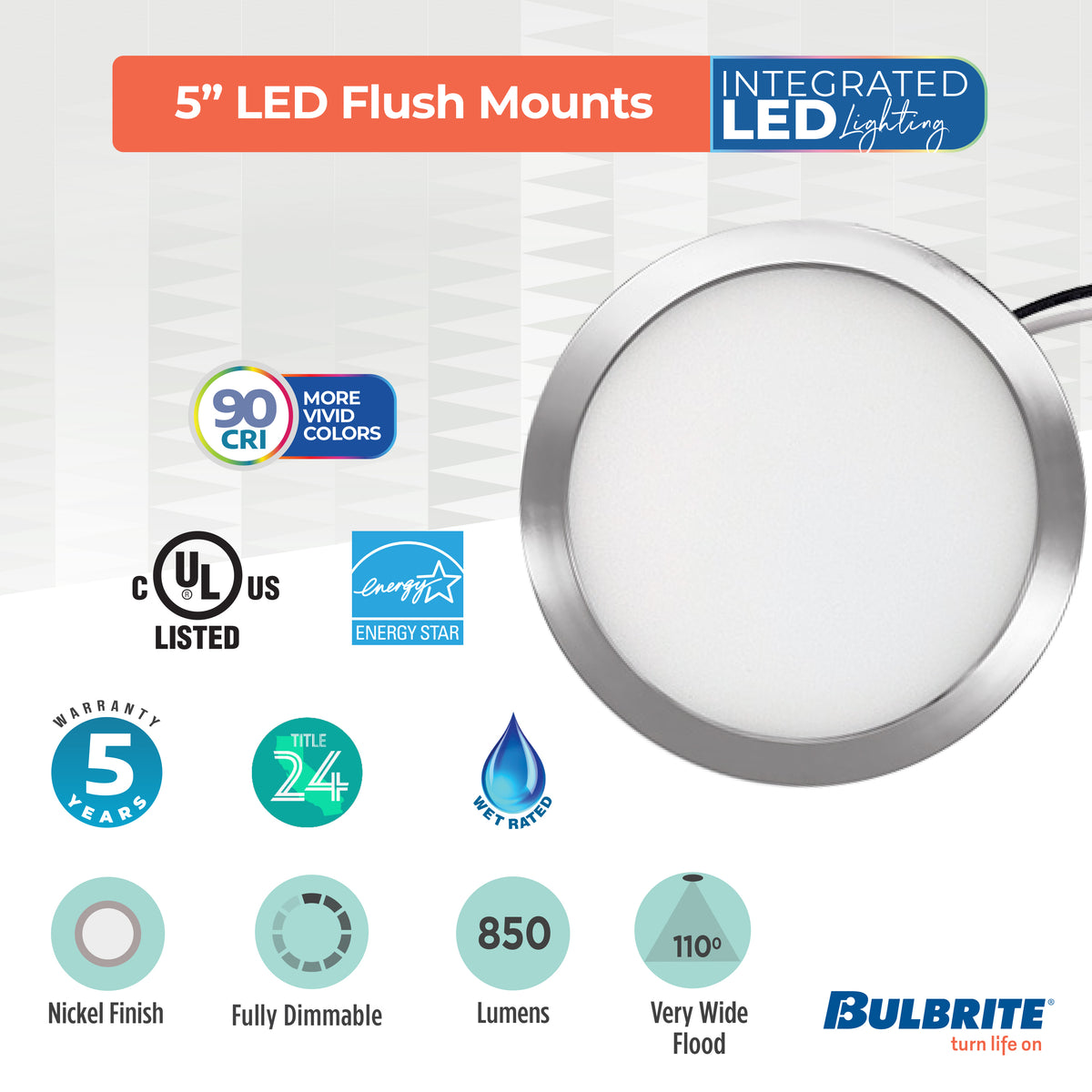 5-inch Nickel 10.3W Dimmable LED Flush Mount Ceiling Light, 3000K, 850 Lumens