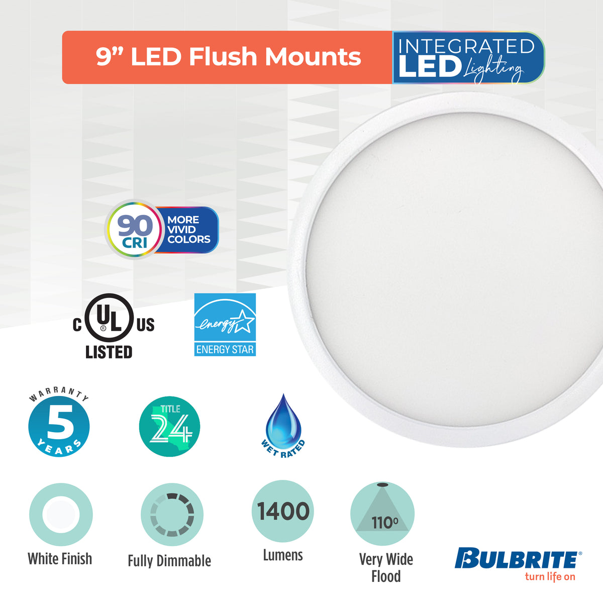 9-inch White 17W Dimmable LED Flush Mount Ceiling Light, 3000K, 1400 Lumens