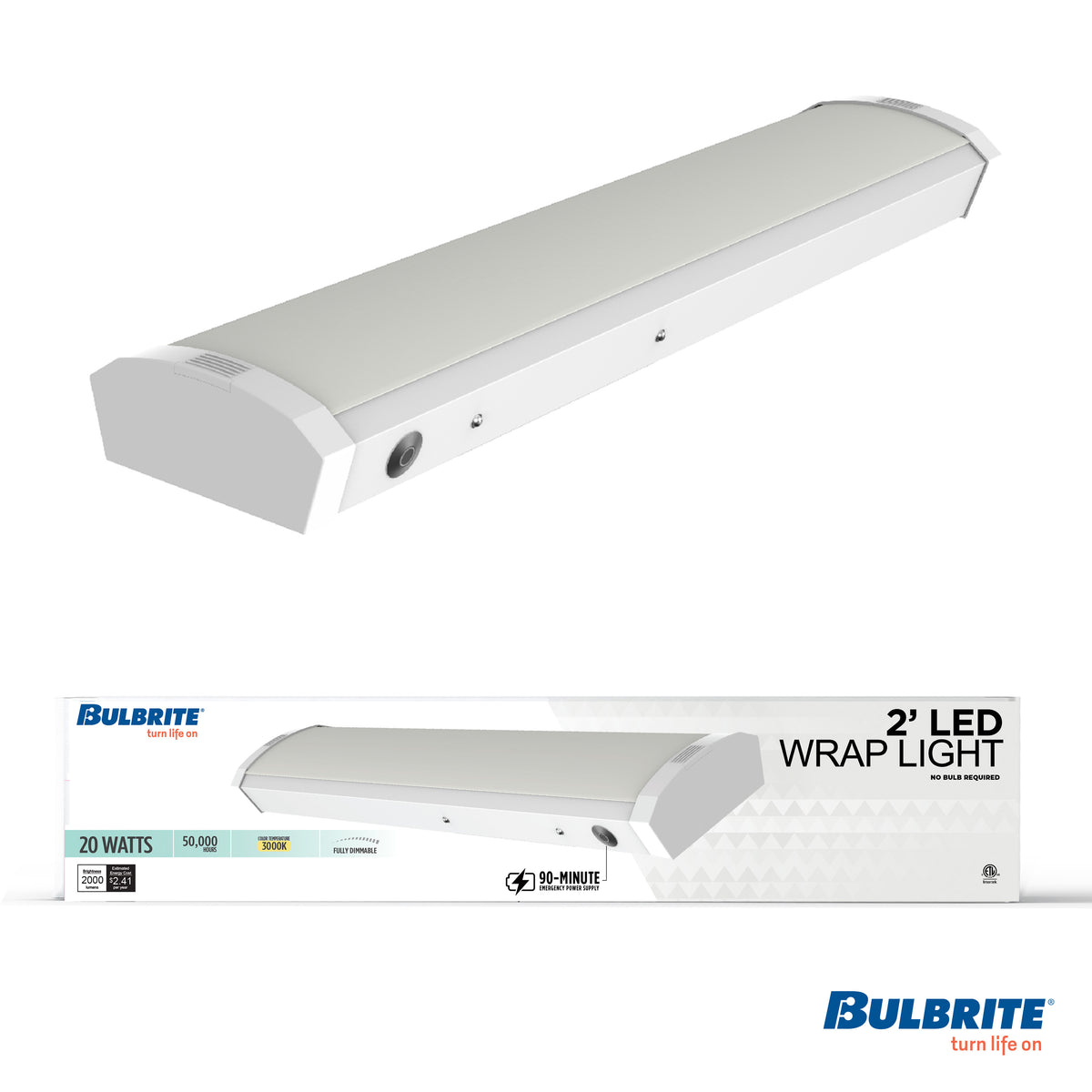 2-foot White 20W Dimmable LED Wraparound Utility Light, 3000K, 2300 Lumens, Battery Backup
