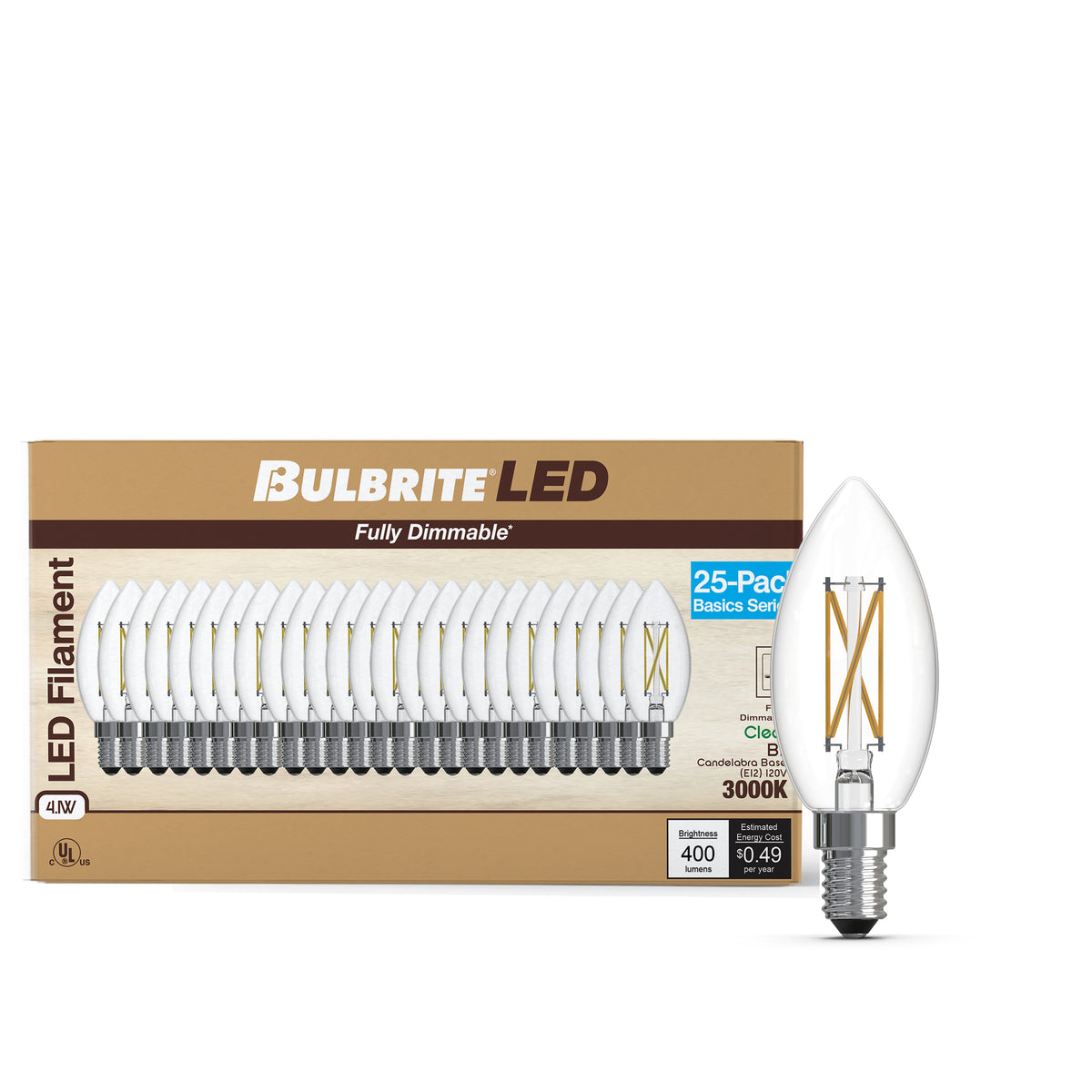 B11 4.1W Dimmable Clear Filament LED Light Bulb with E12 Base, 3000K, 400 Lumens, 25-Pack