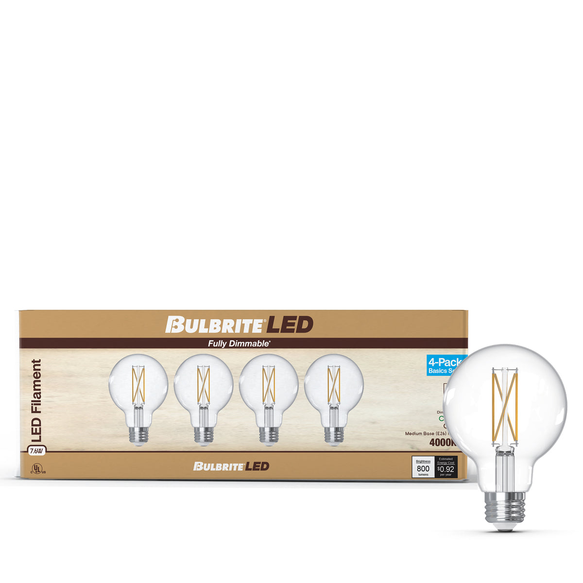 G25 7.6W Dimmable Clear Filament LED Light Bulb with E26 Base, 4000K, 800 Lumens, 4-Pack