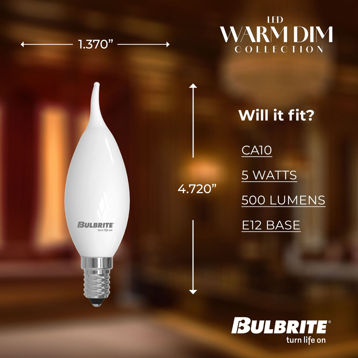 Warm Dims CA10 5W Dimmable Milky Filament LED Light Bulb with E12 Base, 3000K-1800K, 500 Lumens, 4-Pack