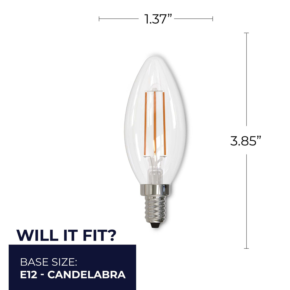 B11 4W Dimmable Clear Filament LED Light Bulb with E12 Base, 2700K, 350 Lumens, 4-Pack