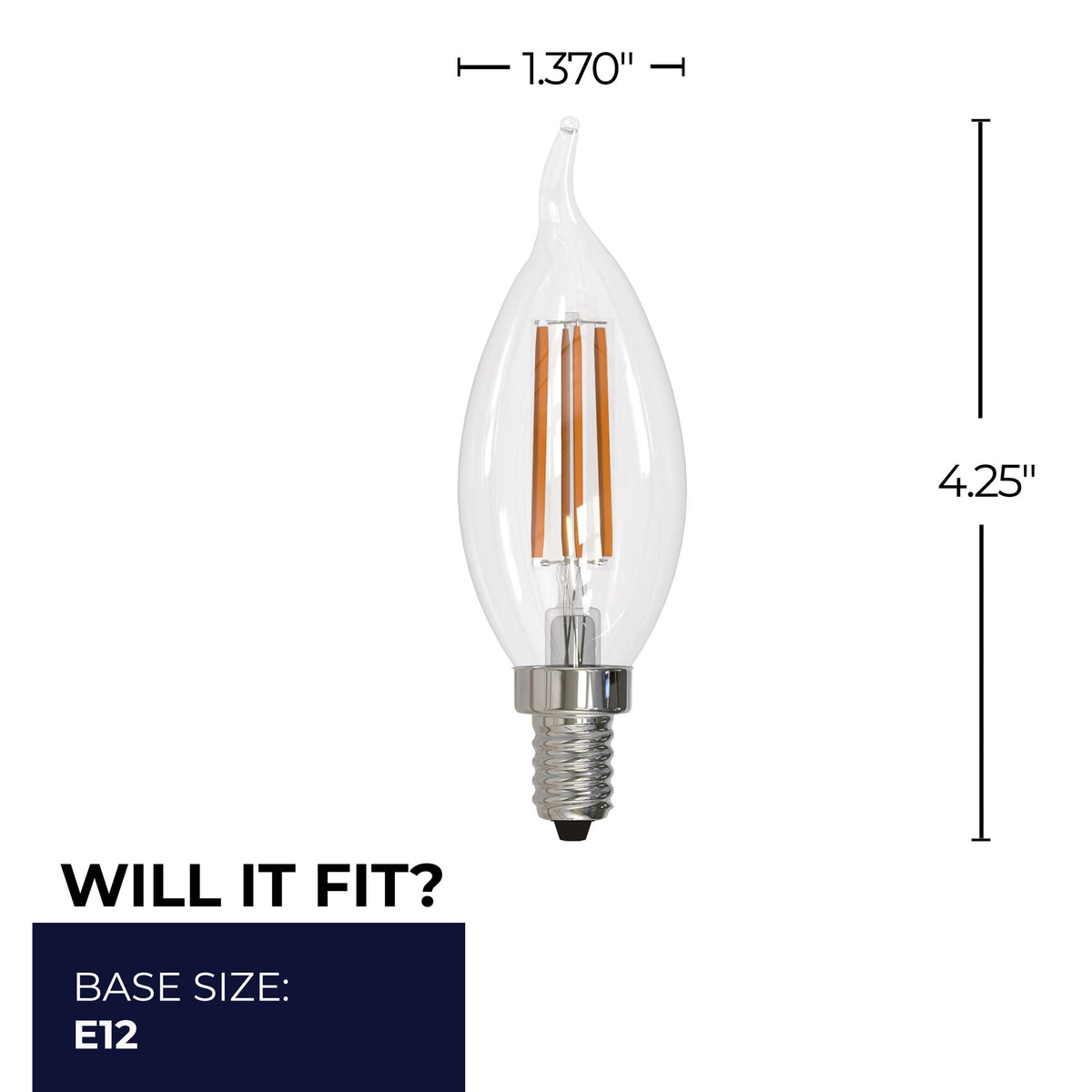 CA10 6.5W Dimmable Clear Filament LED Light Bulb with E12 Base, 3000K, 750 Lumens, 4-Pack
