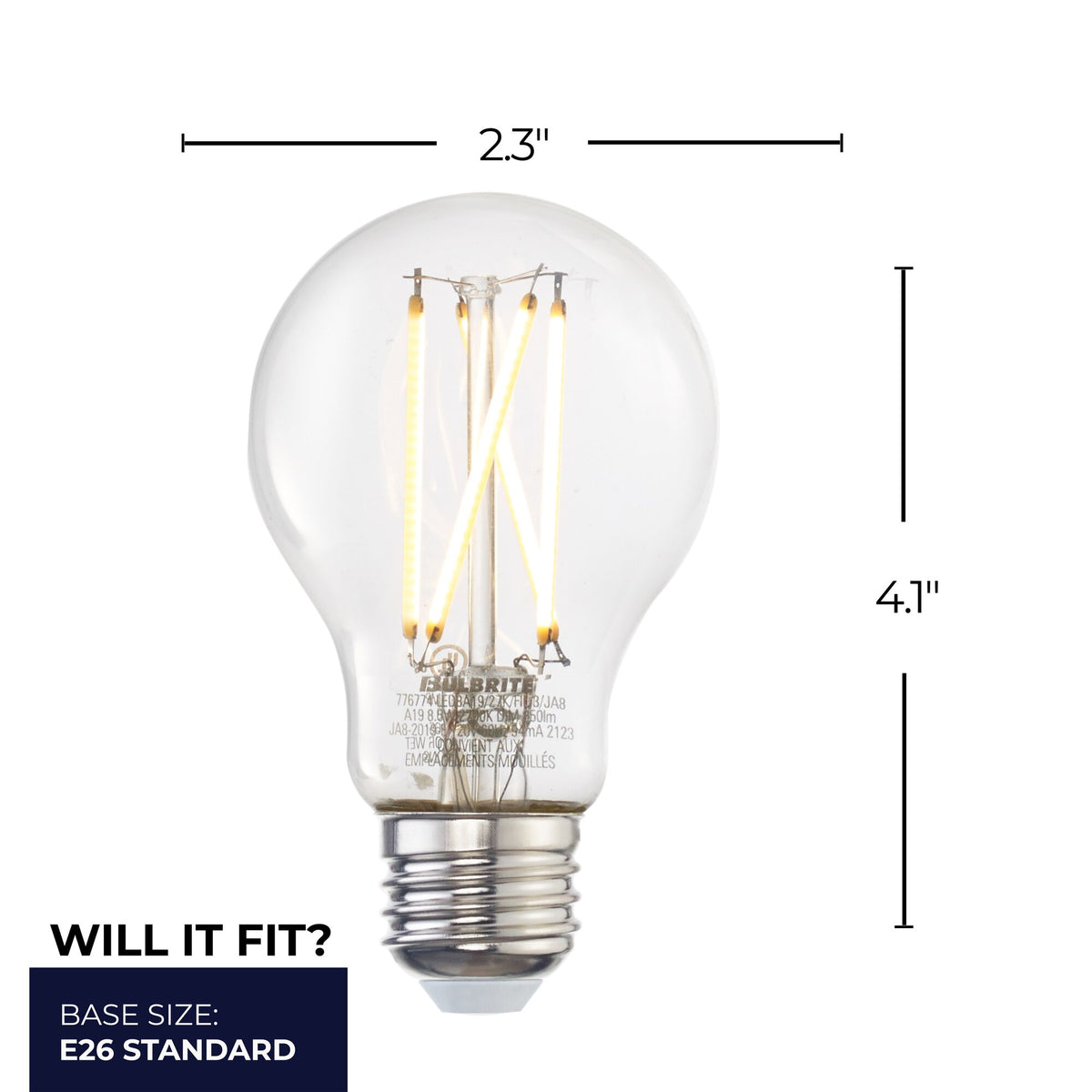 A19 8.5W Dimmable Filament LED Light Bulb with E26 Base, 2700K, 850 Lumens, 2-Pack