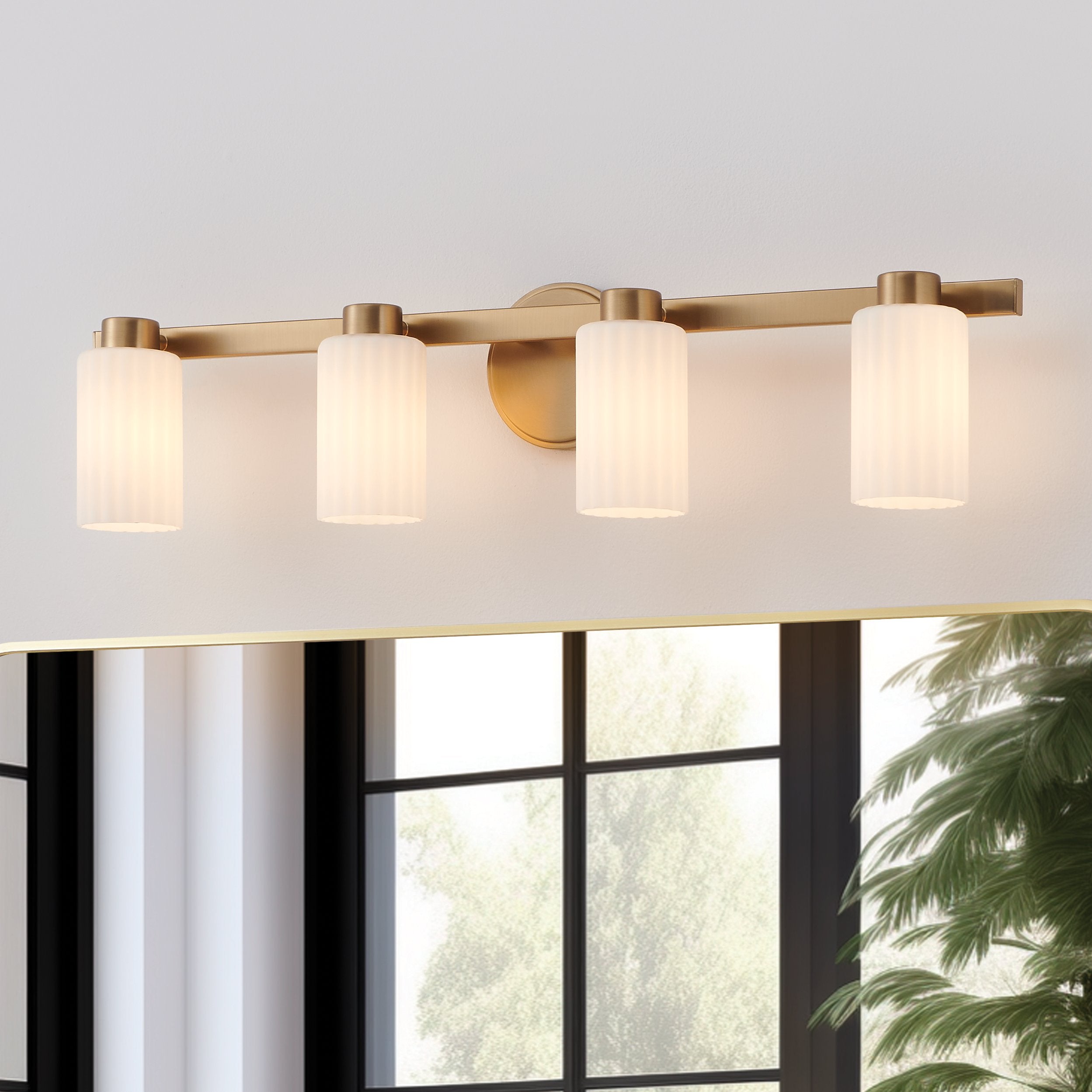 Bedminster 30-inch 4-light Champagne Gold Vanity Light with Etched Opal Ribbed Glass Shades