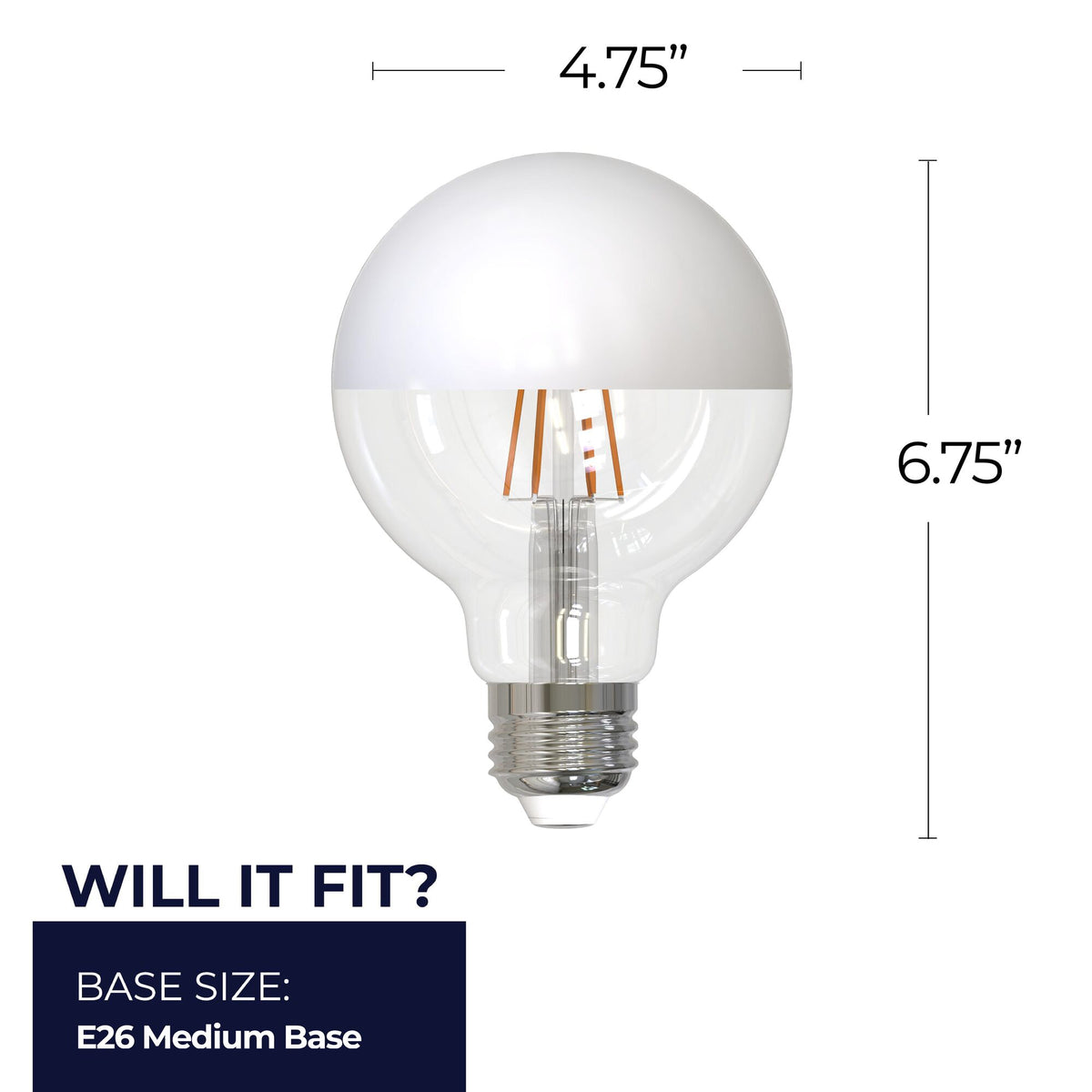 Half Series Designer G40 6W Dimmable Half White Filament LED Light Bulb with E26 Base, 2700K, 500 Lumens, 2-Pack