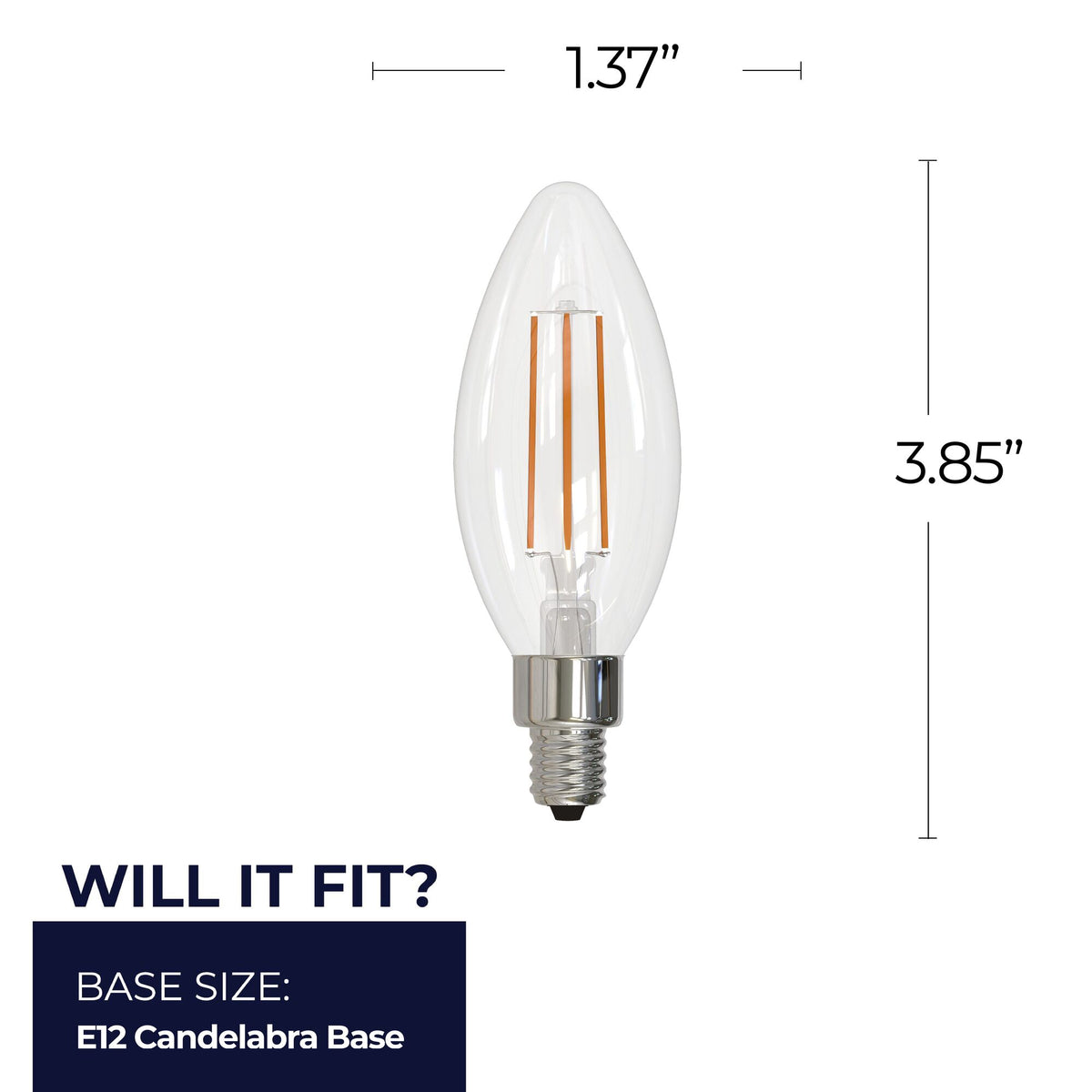 B11 4W Dimmable Clear Filament LED Light Bulb with E12 Base, 5000K, 400 Lumens, 4-Pack