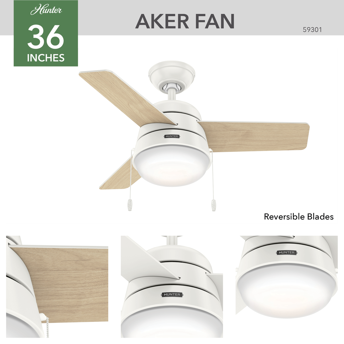 36 inch Aker Fresh White Ceiling Fan with LED Light Kit and Pull Chain