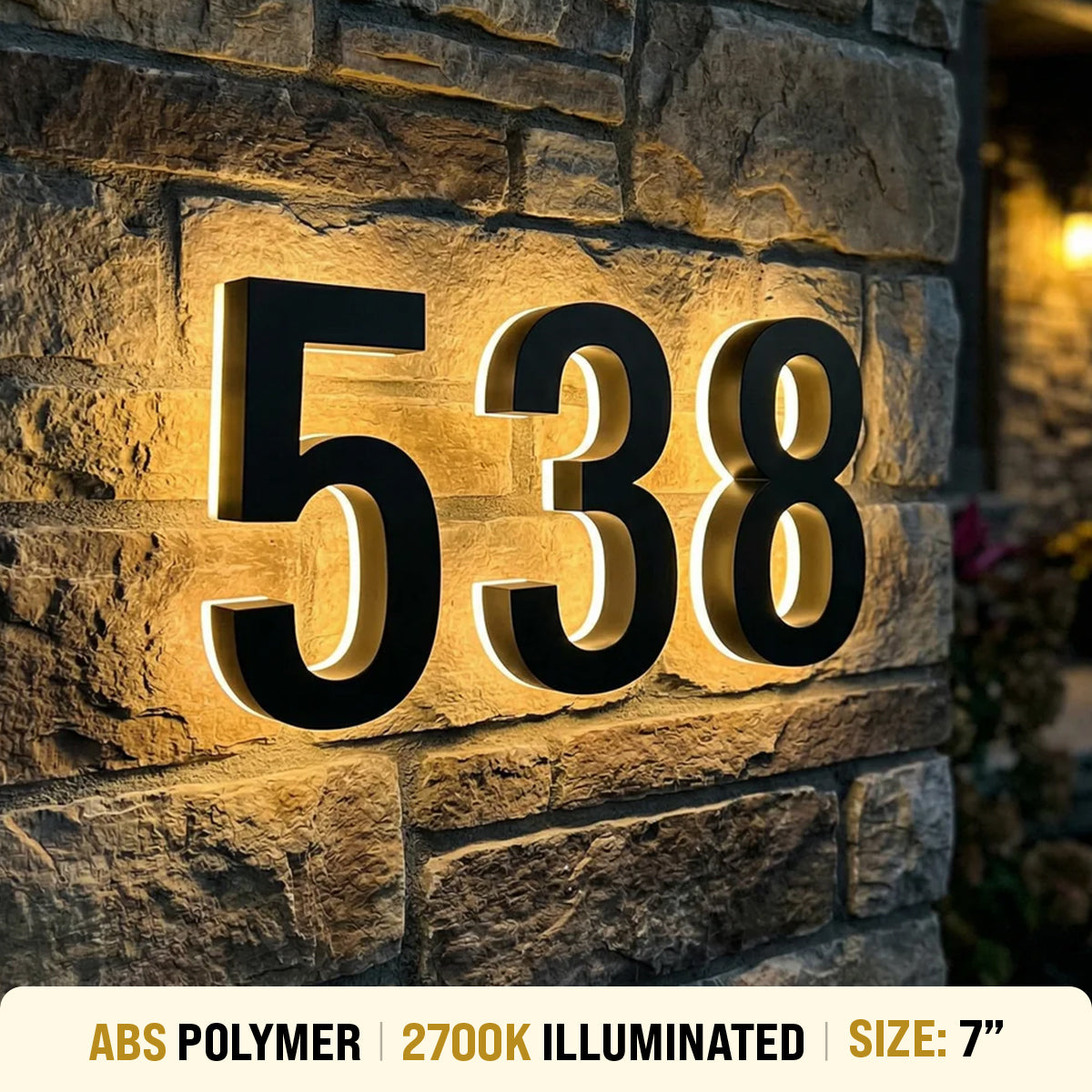 7 inch backlit house numbers - 2700k ABS Polymer - Waterproof