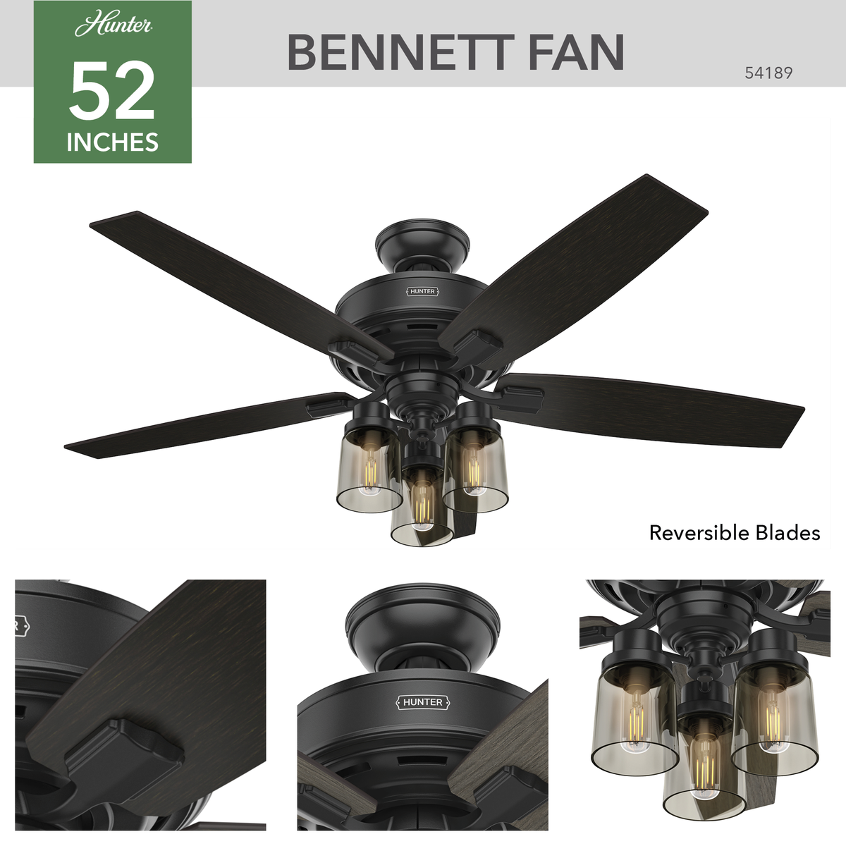 52 inch Bennett Matte Black Ceiling Fan with LED Light Kit and Handheld