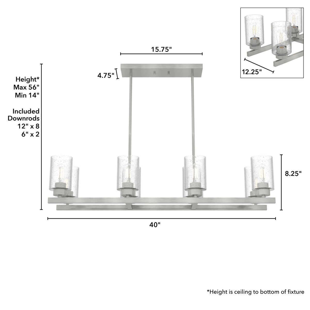 Hartland 40-inch 8-light Brushed Nickel Linear Chandelier with Seeded Glass