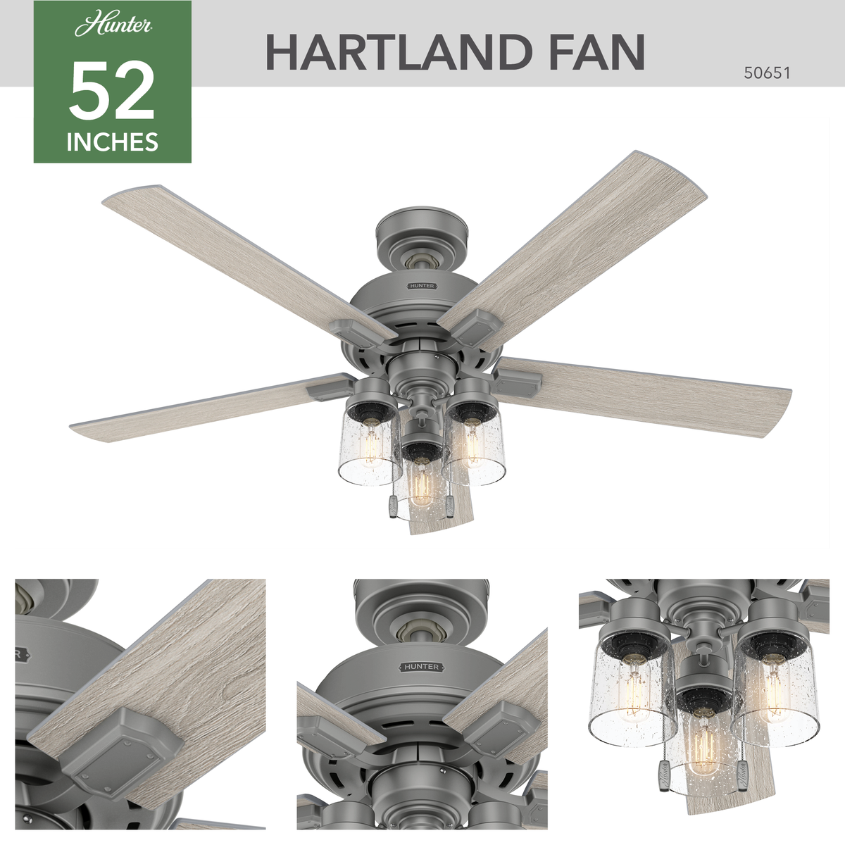 52 inch Hartland Matte Silver Ceiling Fan with LED Light Kit and Pull Chain