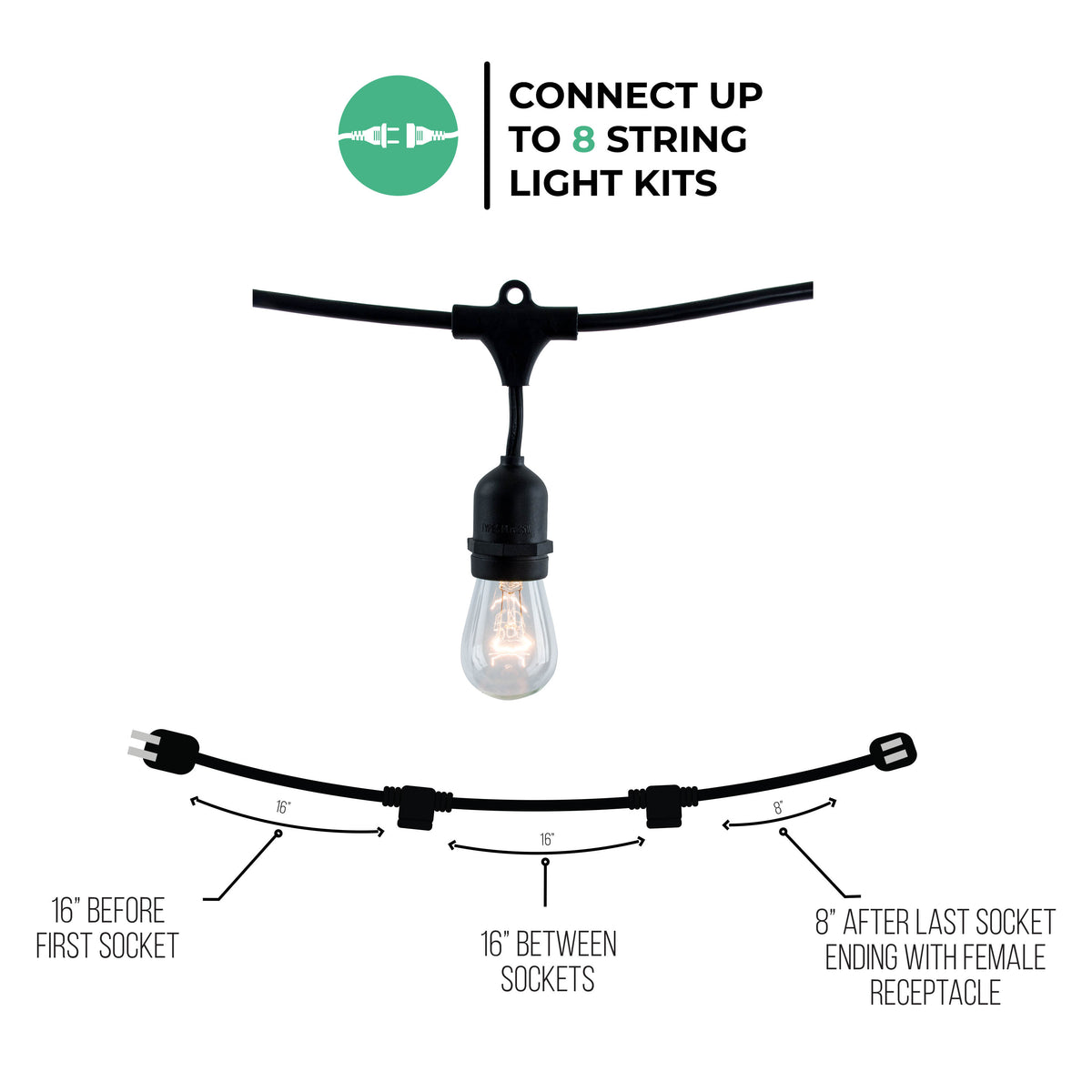 14-foot Black S14 Incandescent String Light Kit with 10 Sockets, 2700K