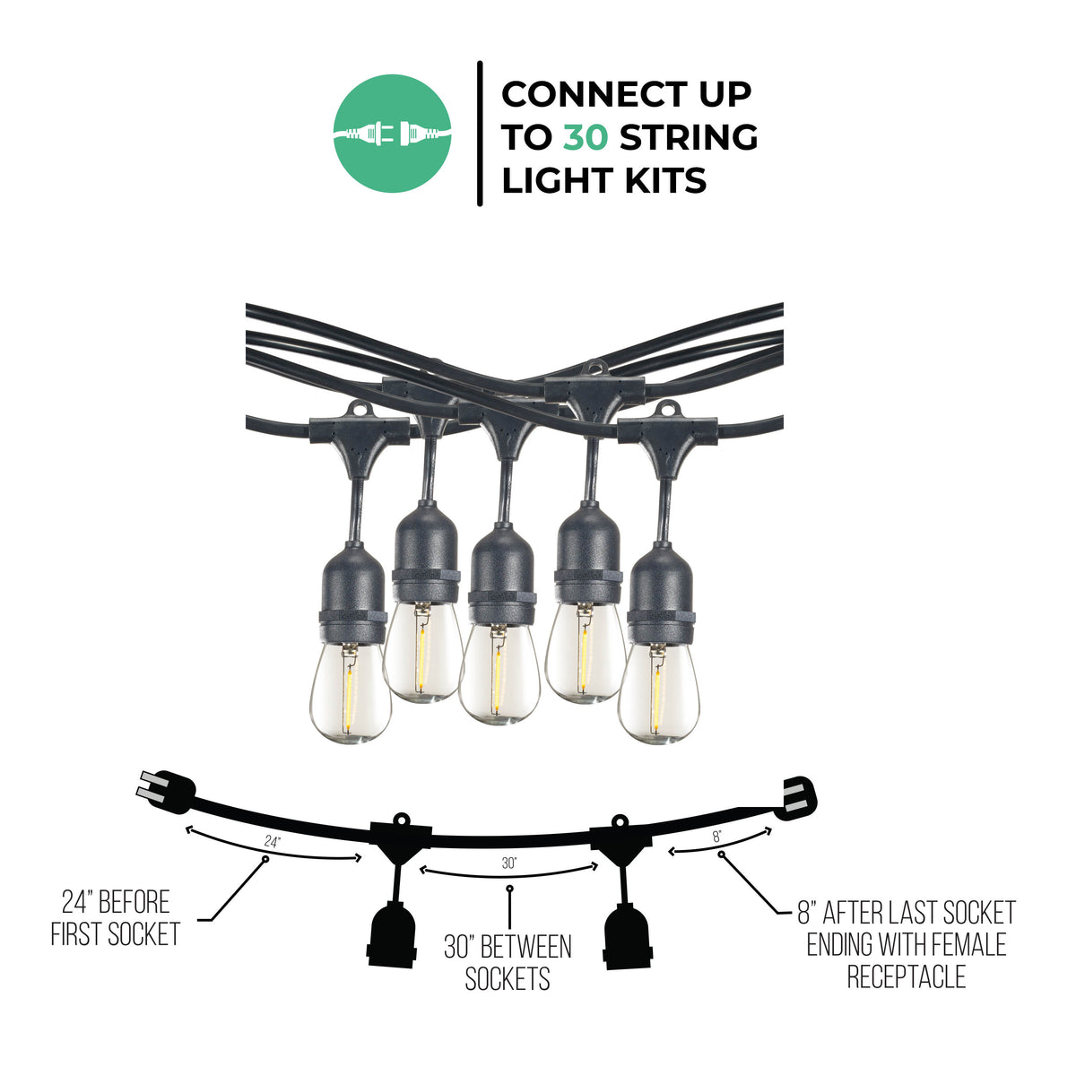 30-foot Black S14 LED String Light Kit with 12 Bulbs, 2700K, 2-Pack